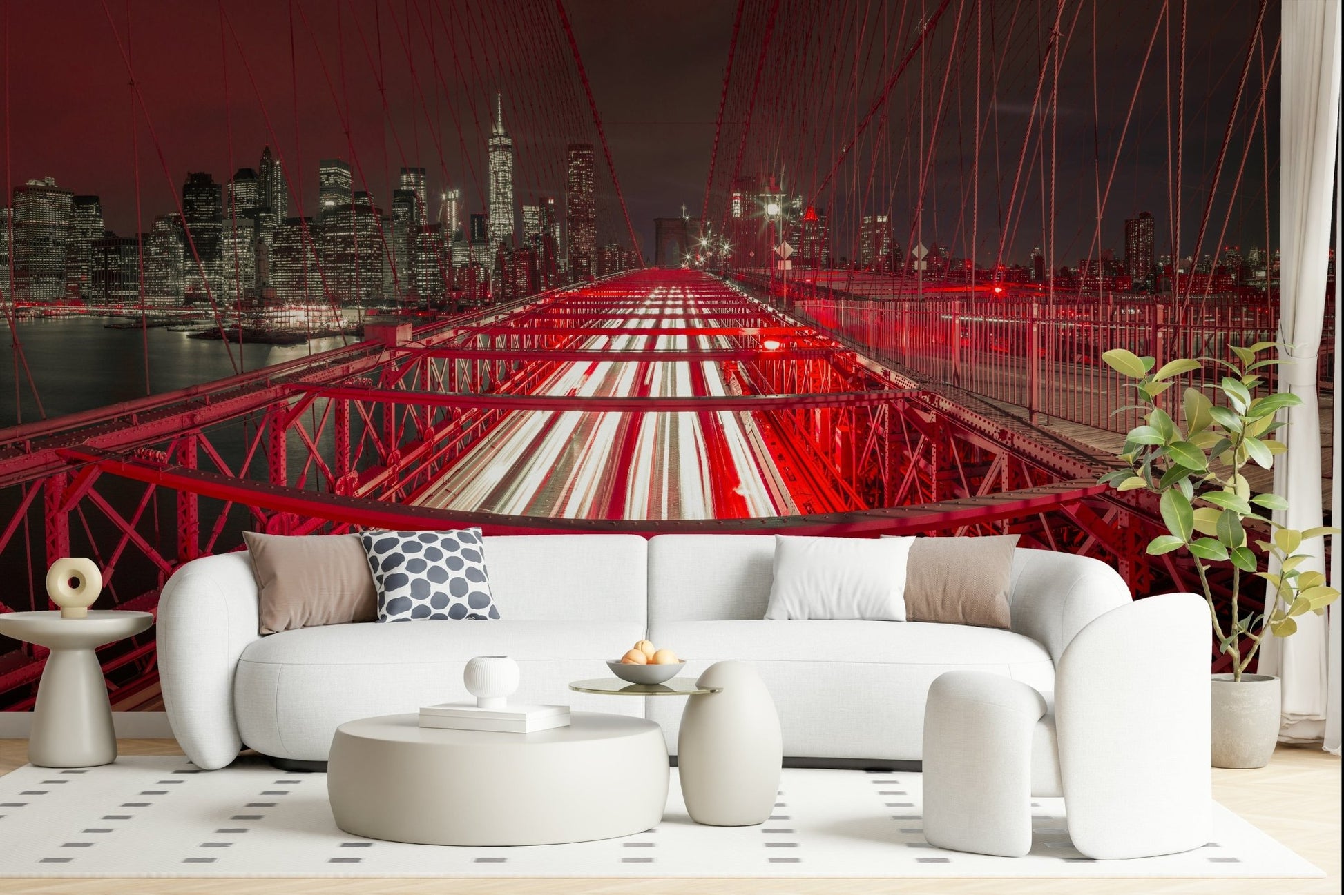 Designer interior featuring the moody Crimson City Lights Wall Mural design.