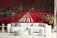 Designer interior featuring the moody Crimson City Lights Wall Mural design.