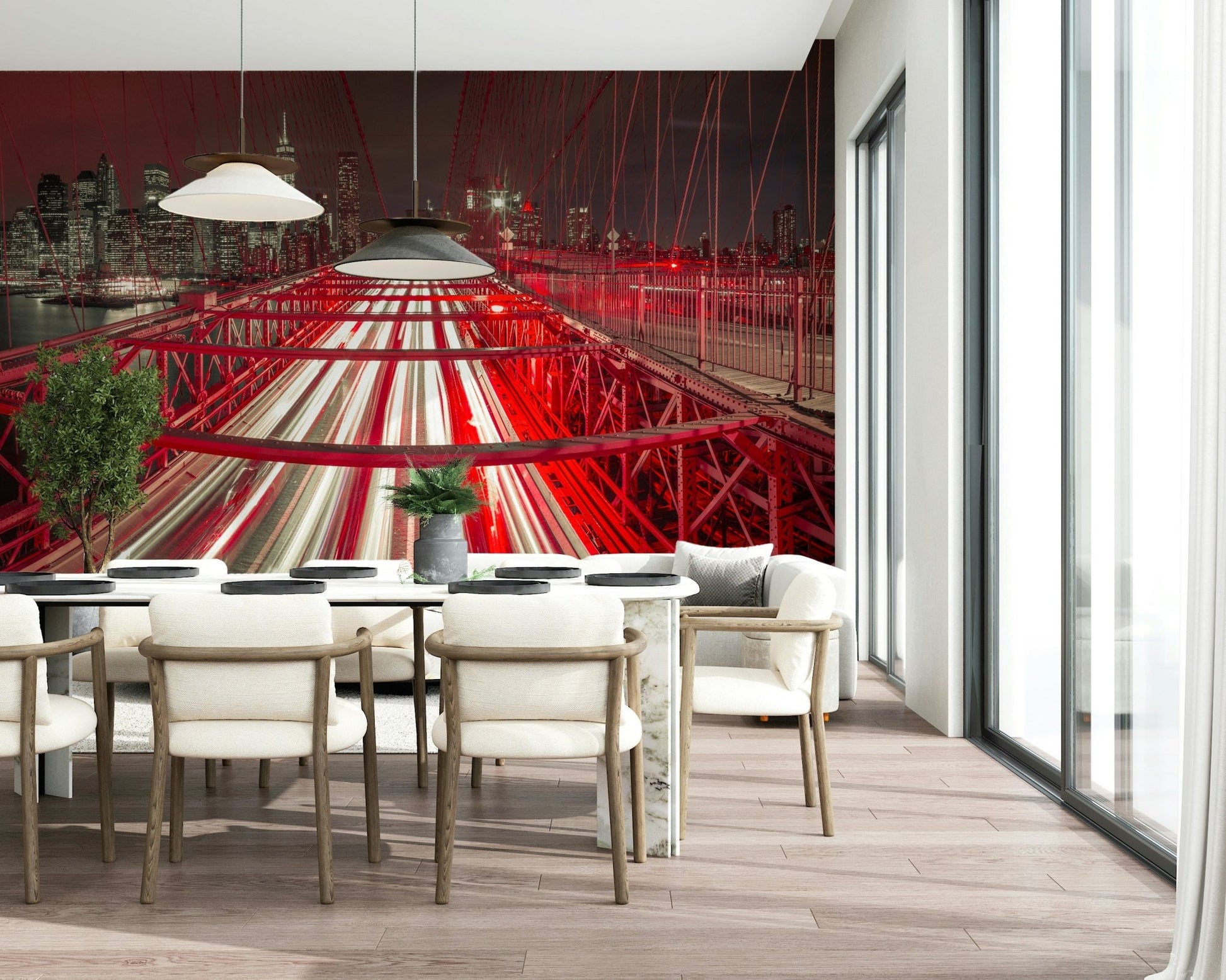 Urban landscape print of the appealing Crimson City Lights Wall Mural for walls.