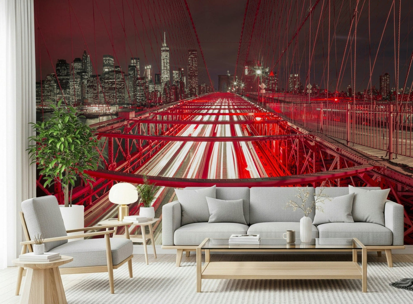 Abstract city skyline with red hues on the Crimson City Lights Wall Mural.