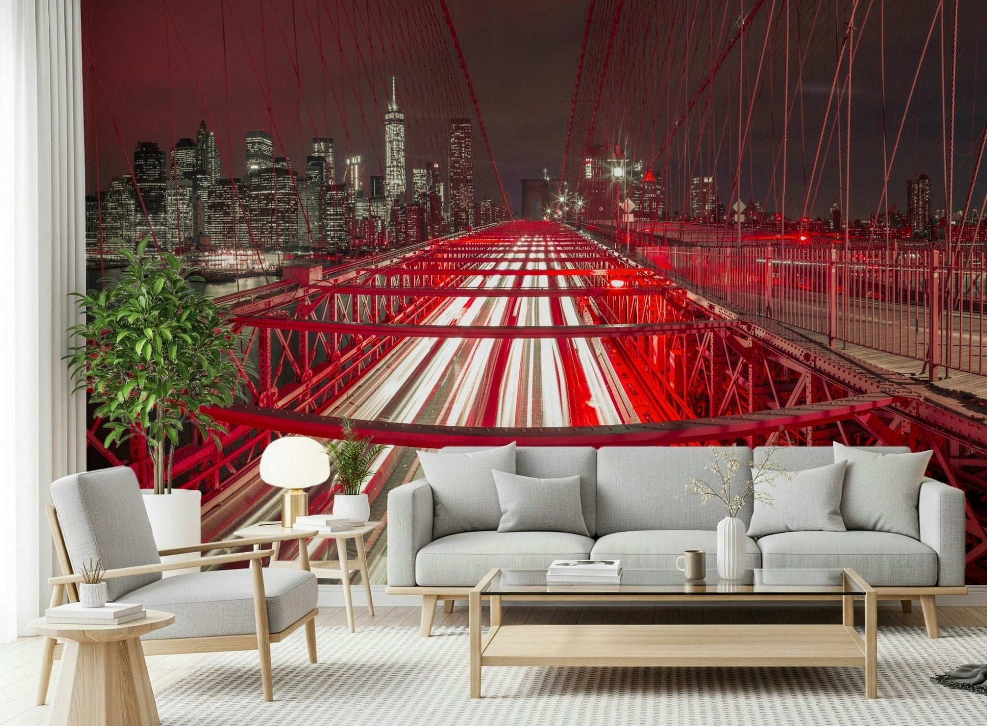 Abstract city skyline with red hues on the Crimson City Lights Wall Mural.