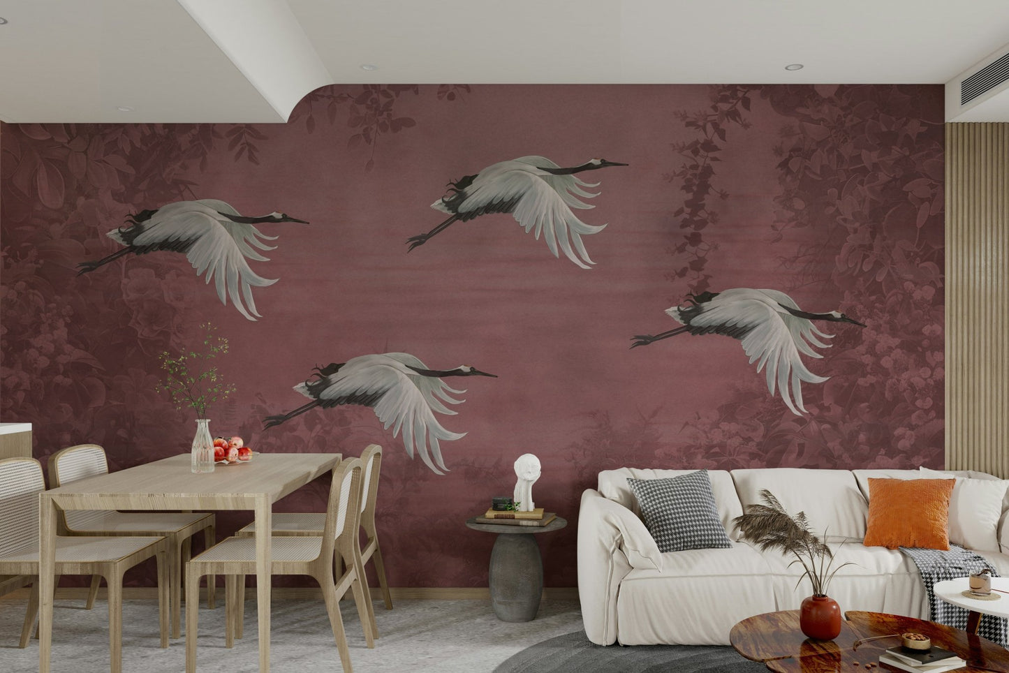 The colors of the cranes are soft and muted, like whites, blacks, or grays.

