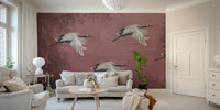 An elegant wall mural with a pattern of cranes.

