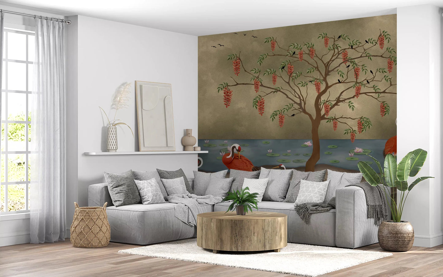 Close up of Crimson red cranes and tree on a matte finish mural, GD8997