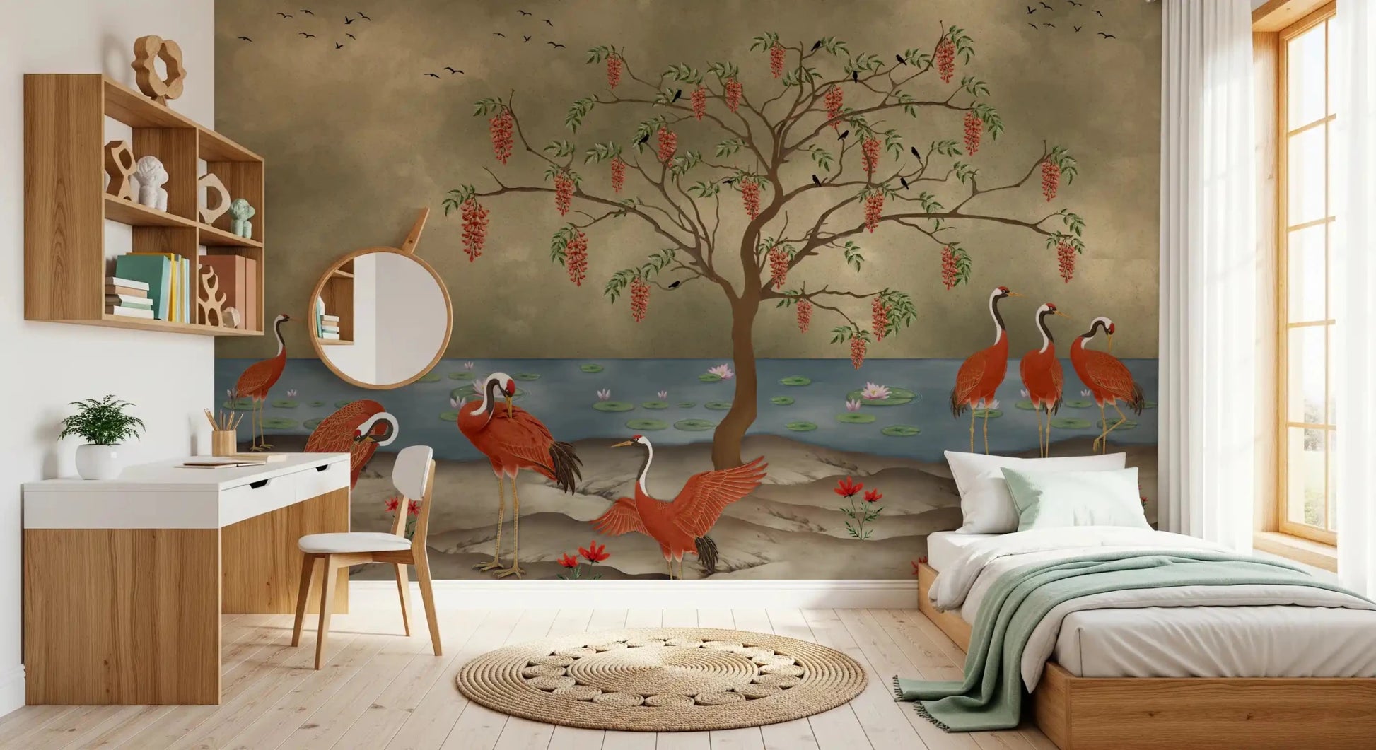 Elegant crane nature wall mural in a minimalist Kids bedroom, GD8997