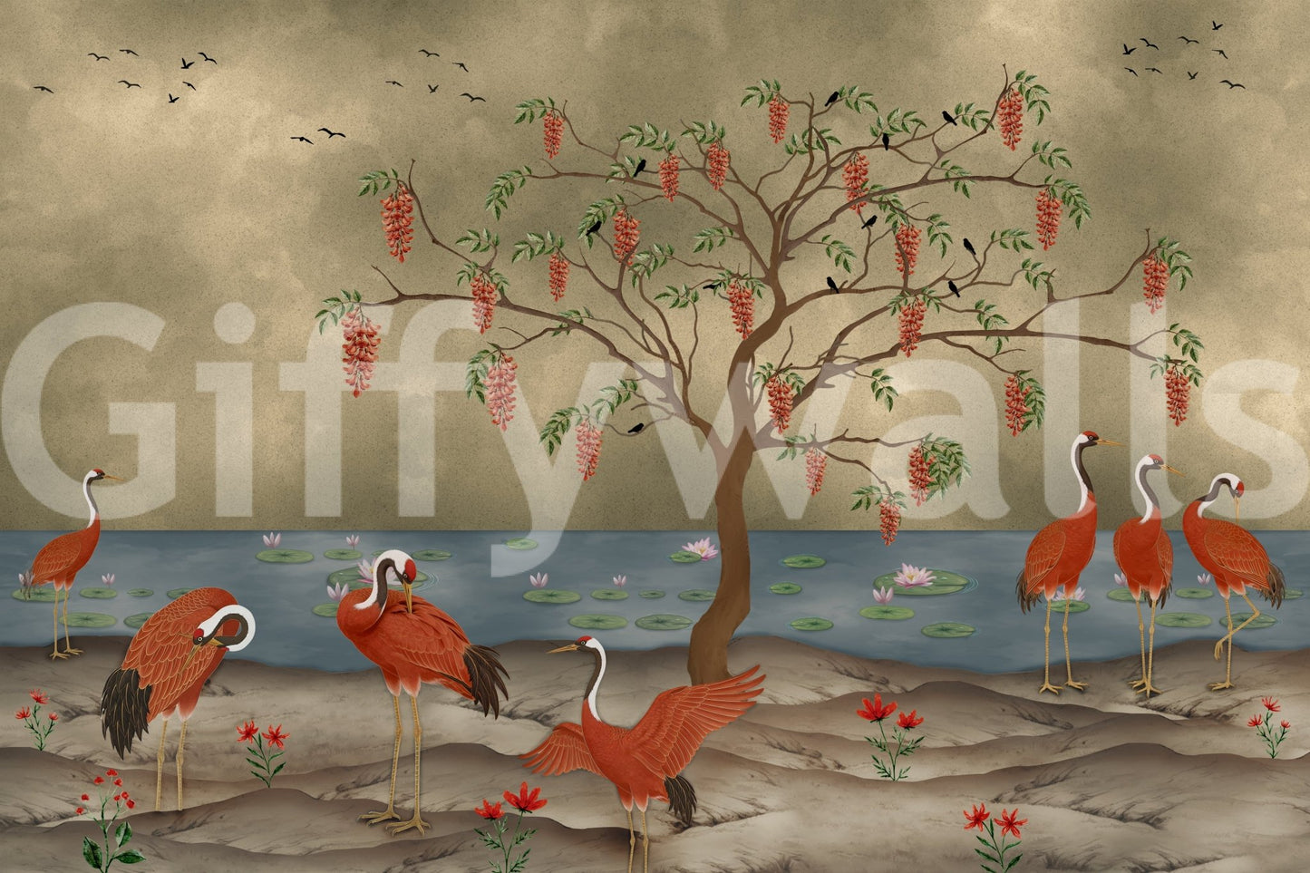 Sophisticated bird and lake wall mural with earthy tones, GD8997