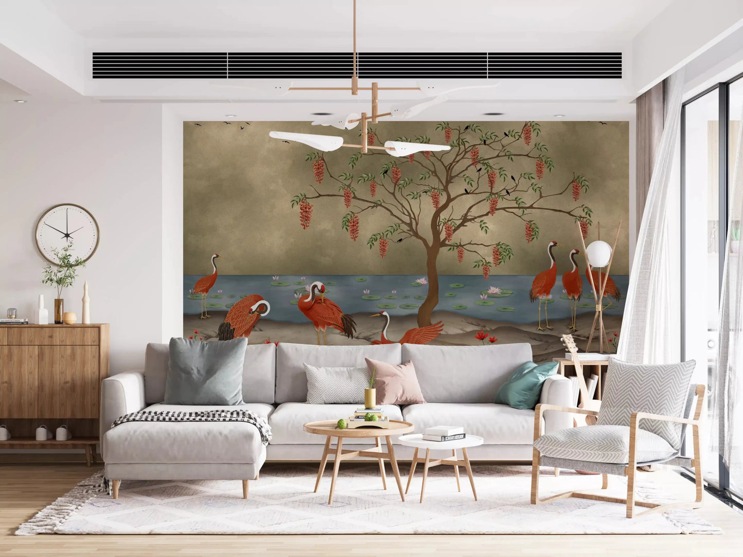 Red cranes standing by water on a nature themed wall Mural, GD8997