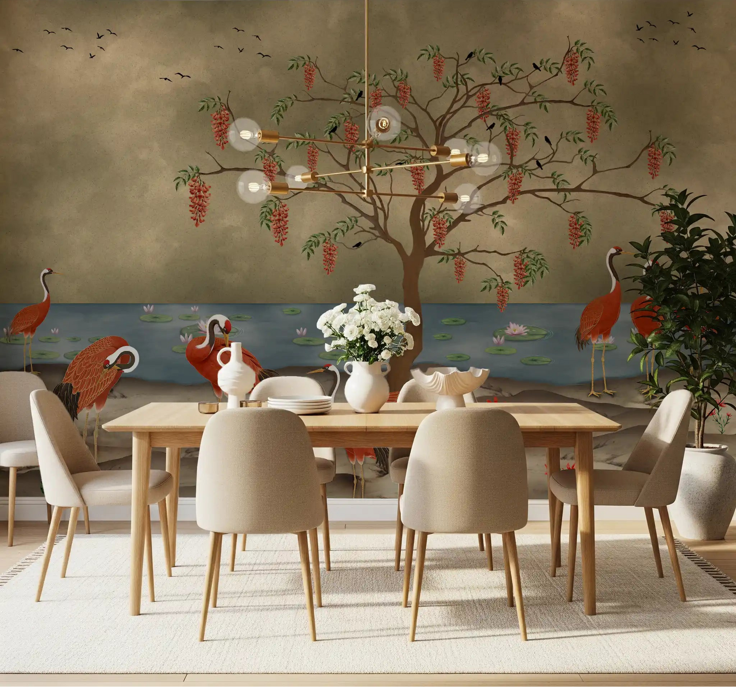 Red bird and lotus lake wallpaper in a bright dining area, GD8997