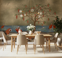 Red bird and lotus lake wallpaper in a bright dining area, GD8997