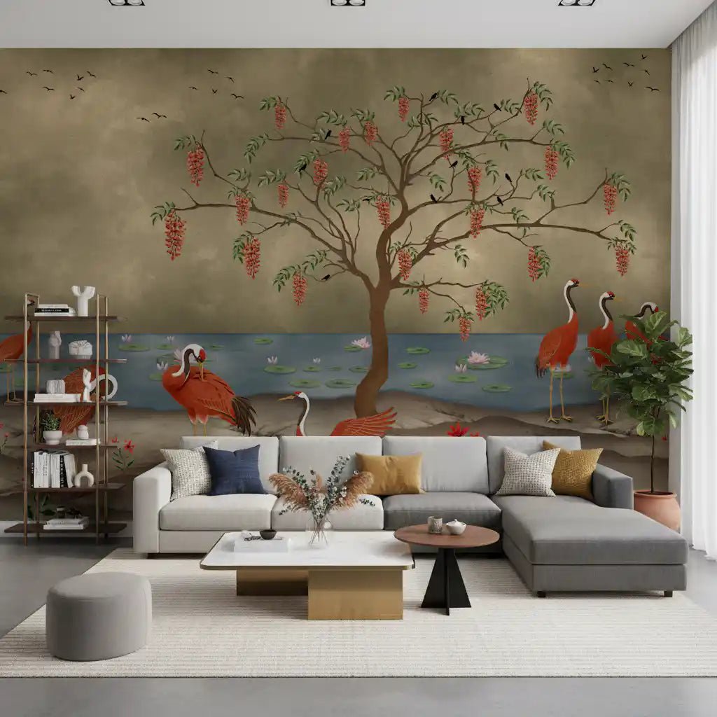 Crimson cranes by lotus lake mural in a spacious lounge, GD8997