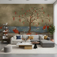Crimson cranes by lotus lake mural in a spacious lounge, GD8997