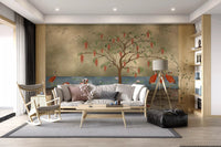 Floral tree and lotus lake design on a neutral background wall Mural, GD8997