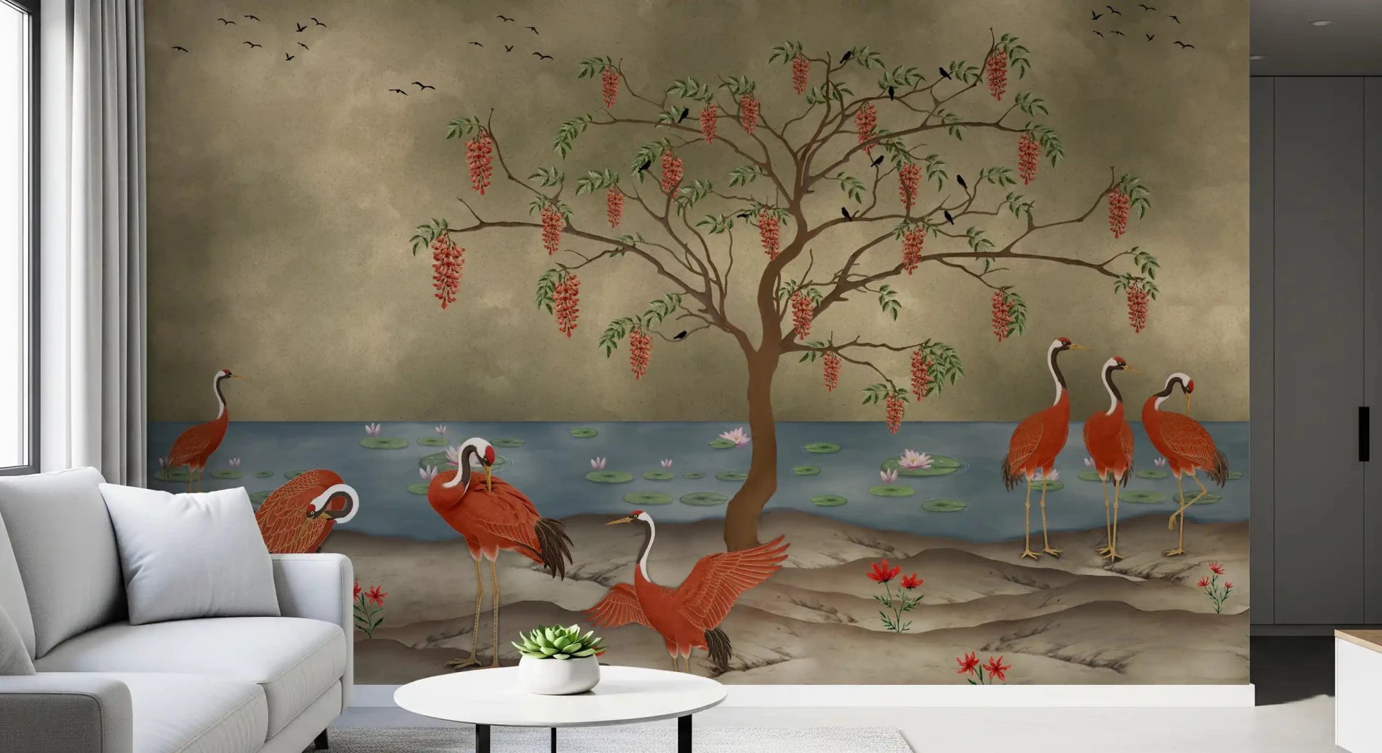 Red cranes standing by water on a nature themed Wall Mural, GD8997
