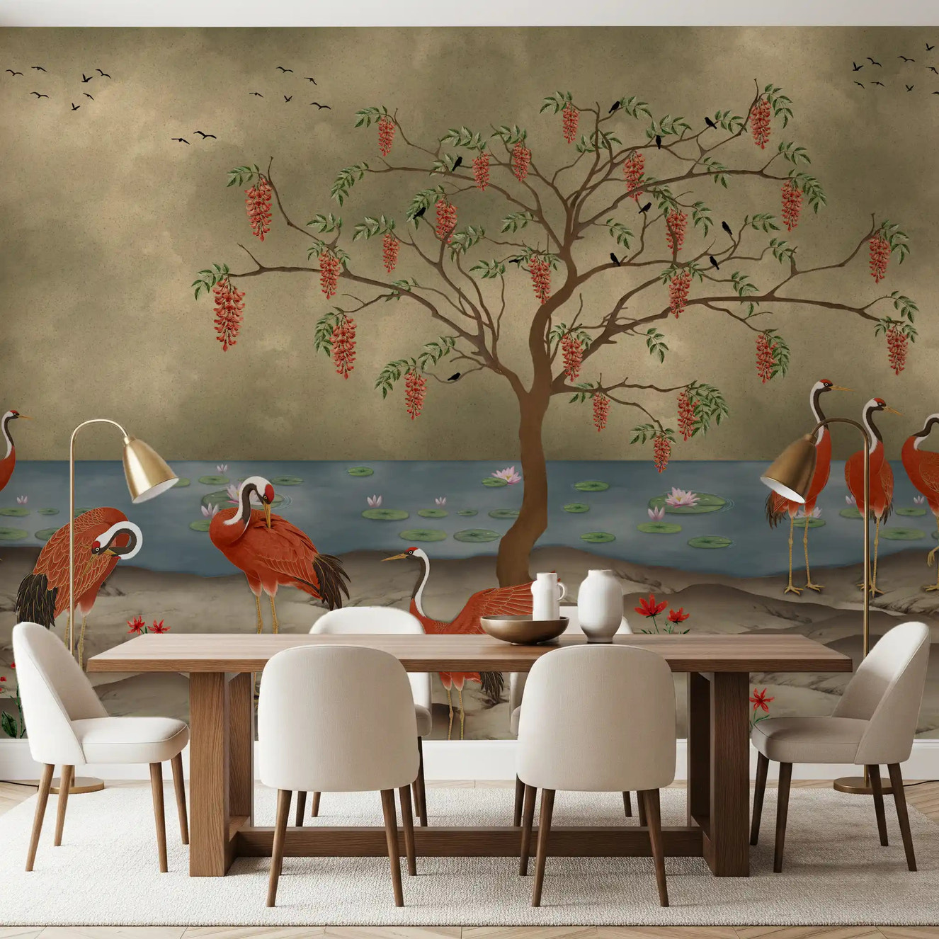 Crimson Cranes by Lotus Lake Wall Mural