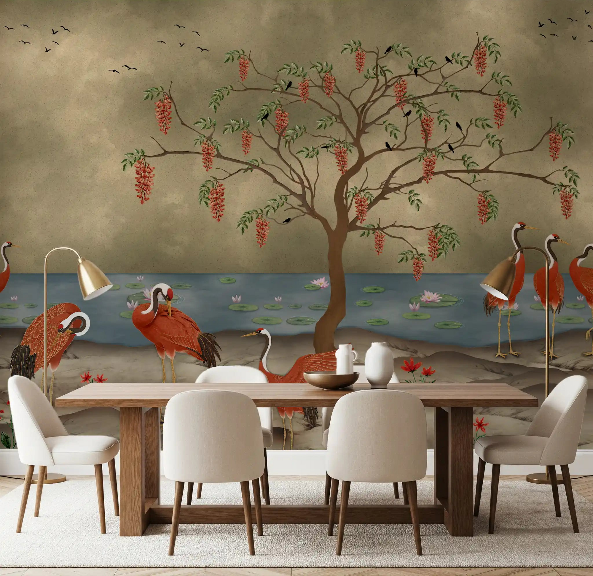 Crimson Cranes by Lotus Lake mural in a large dining room, GD8997