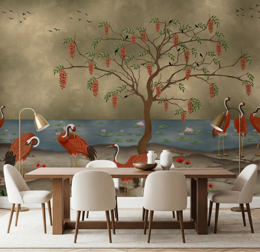 Crimson Cranes by Lotus Lake mural in a large dining room 