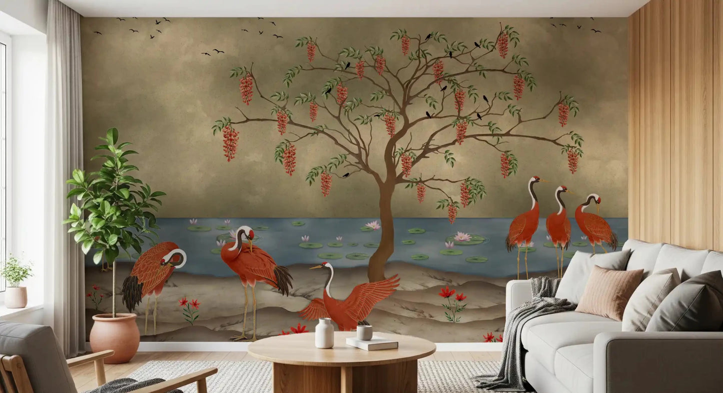 Detailed Tree, lake and bird mural with a soft textured look, GD8997