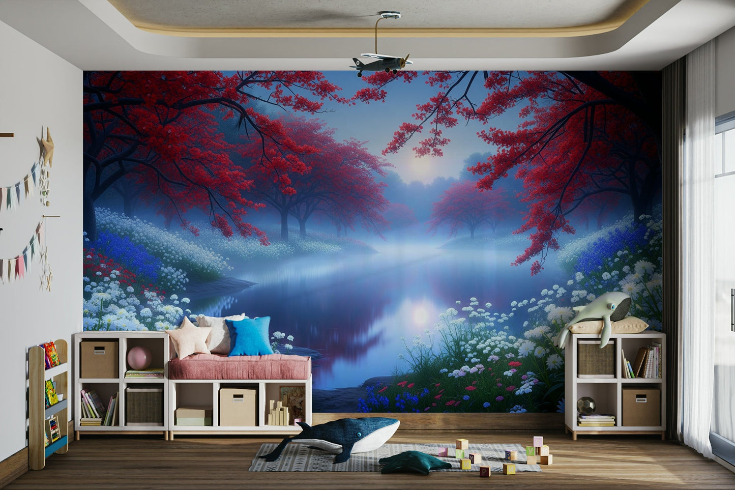 The design features a calm lake at sunrise or sunset.

