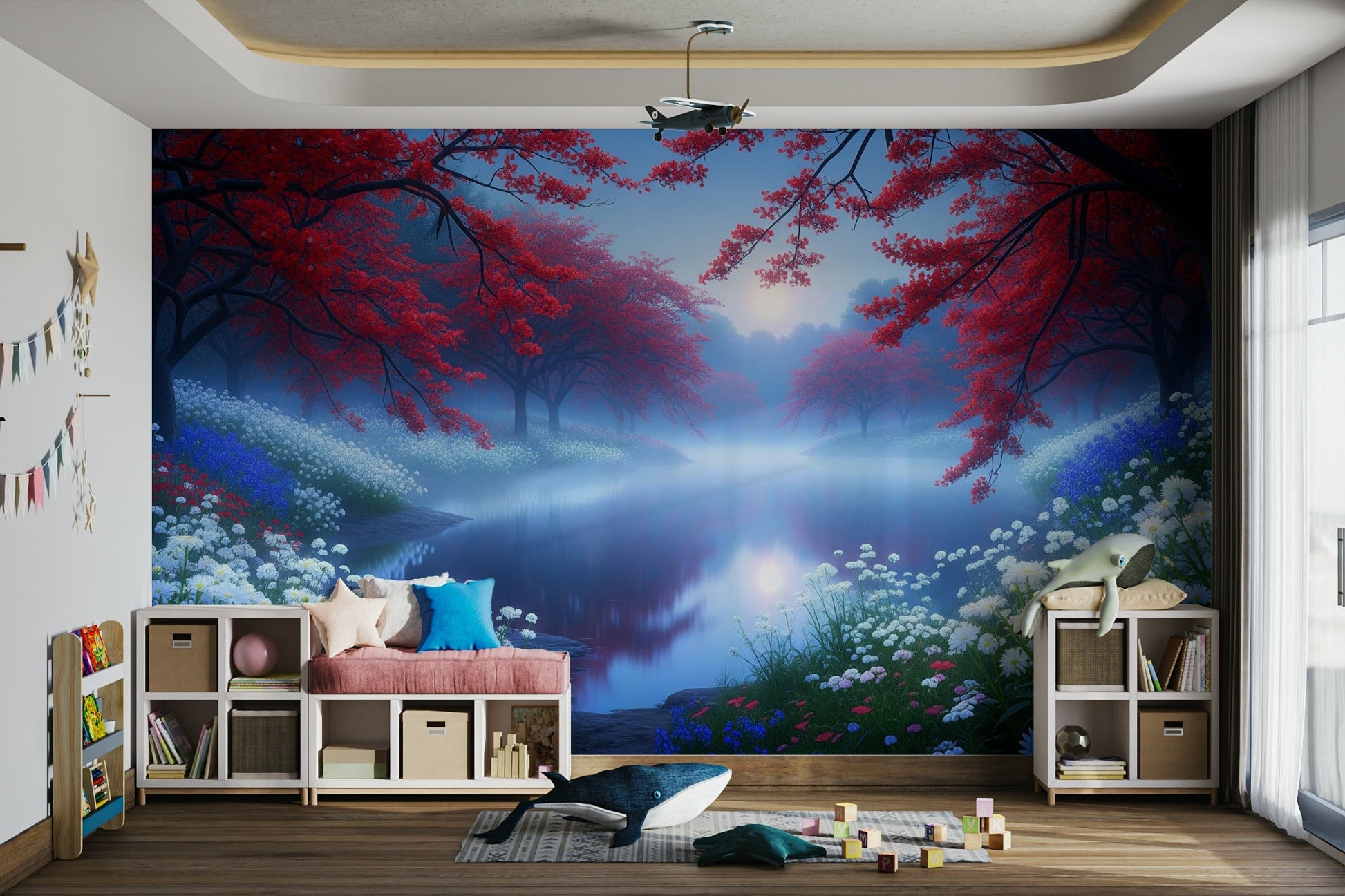 The design features a calm lake at sunrise or sunset.

