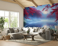 The colors are deep and soft, with crimson, red, and purple hues.

