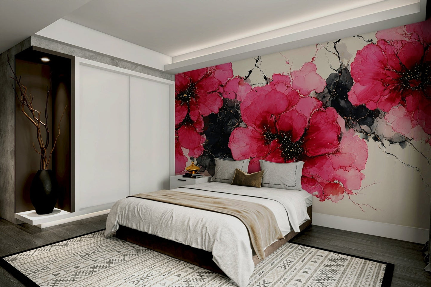 Floral ink mural on white background

