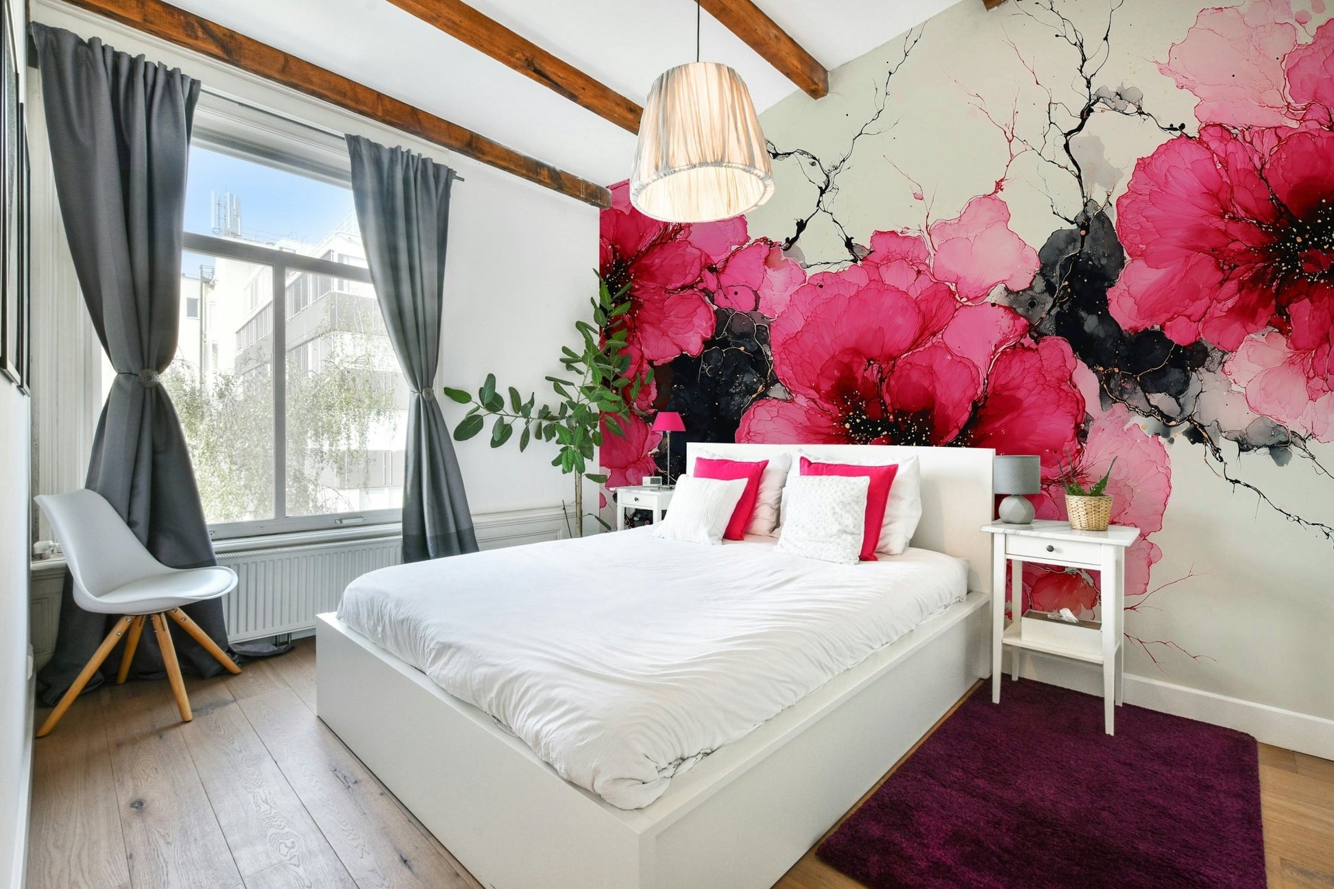 Hand-drawn floral wallpaper in deep red

