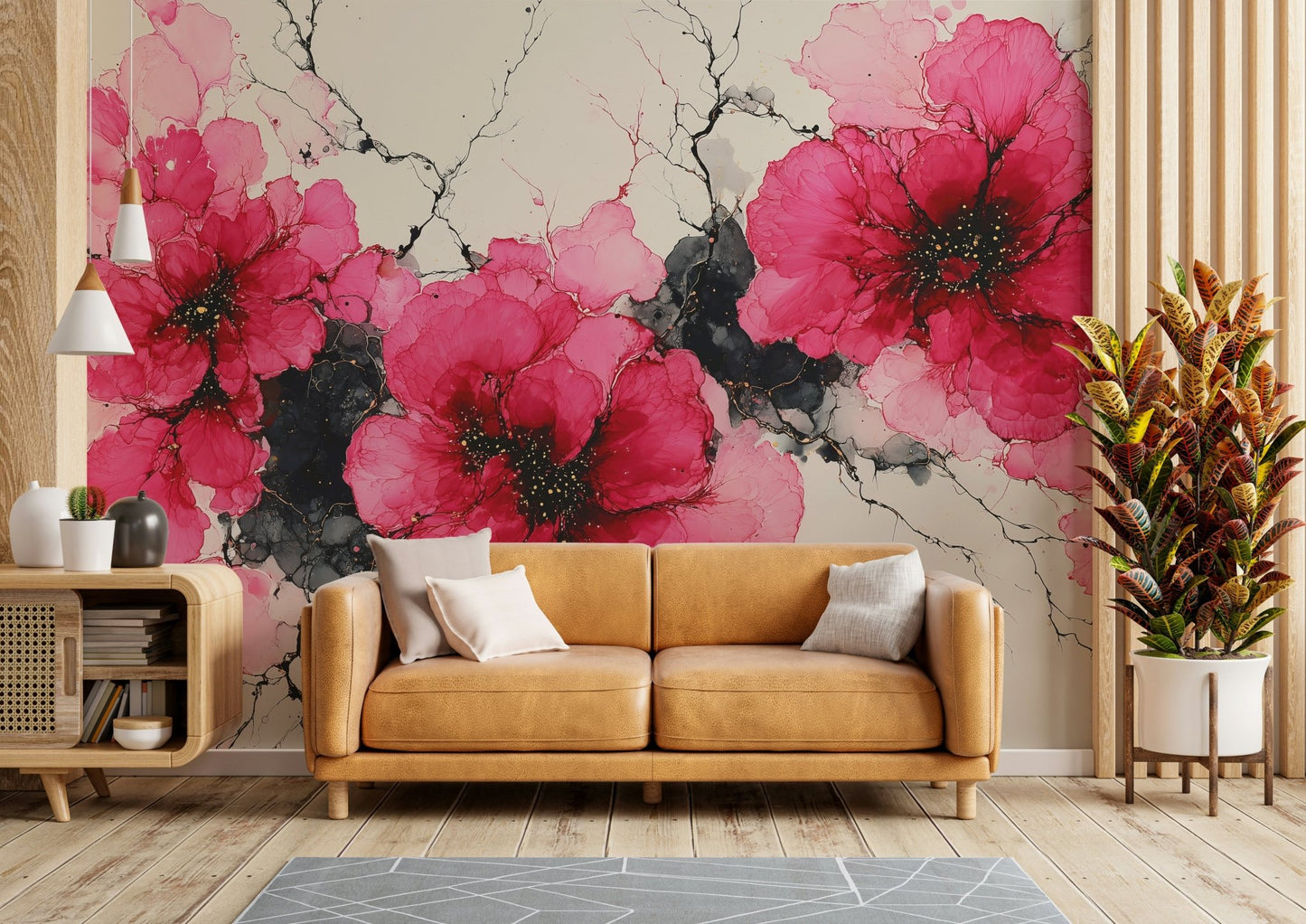 Crimson mural wallpaper in sketch style

