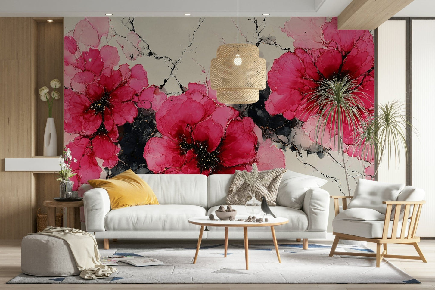 Bedroom wall with red ink blossom mural

