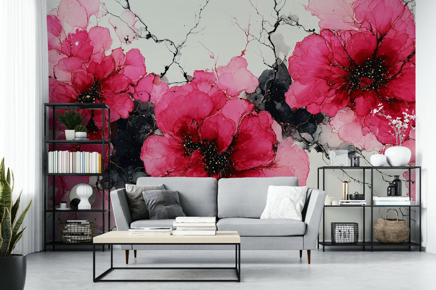 Crimson Floral Ink Symphony Wall Mural