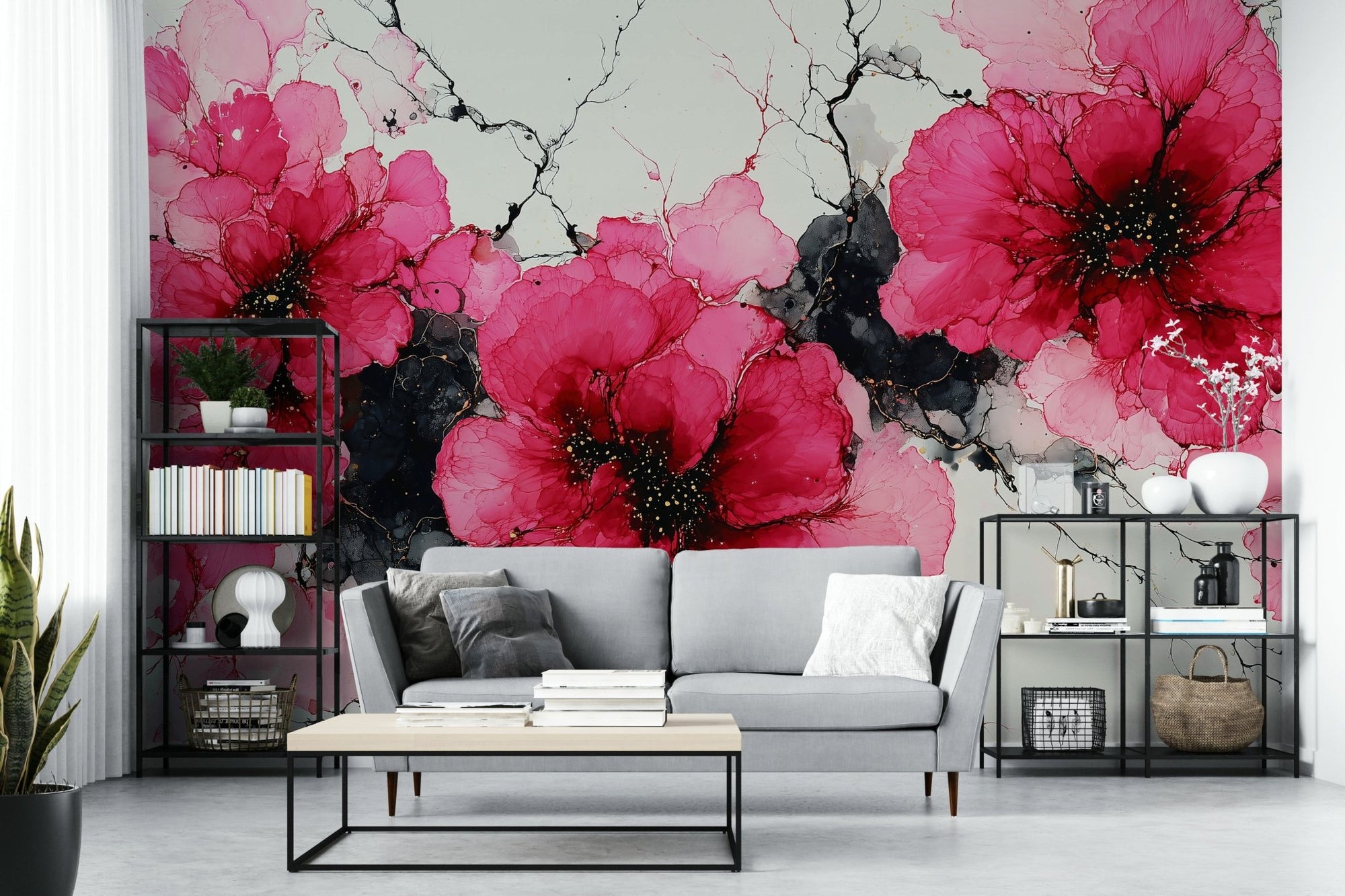 Crimson Floral Ink Symphony Wall Mural, GD2634