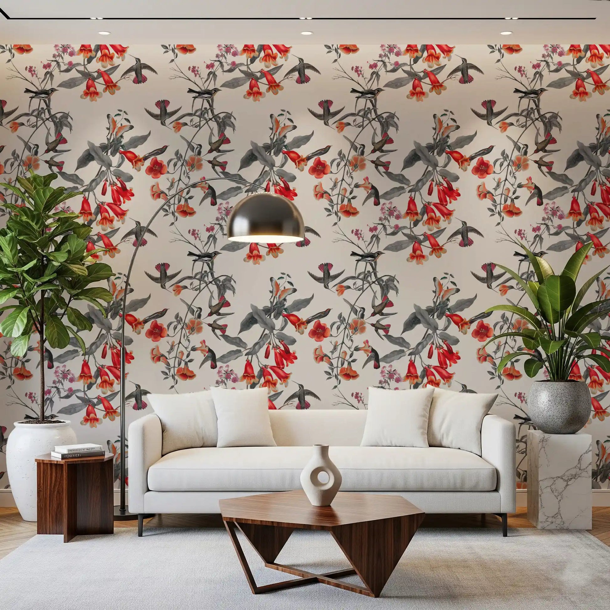 Office wall with Flower Aviary Wallpaper and branch pattern detail