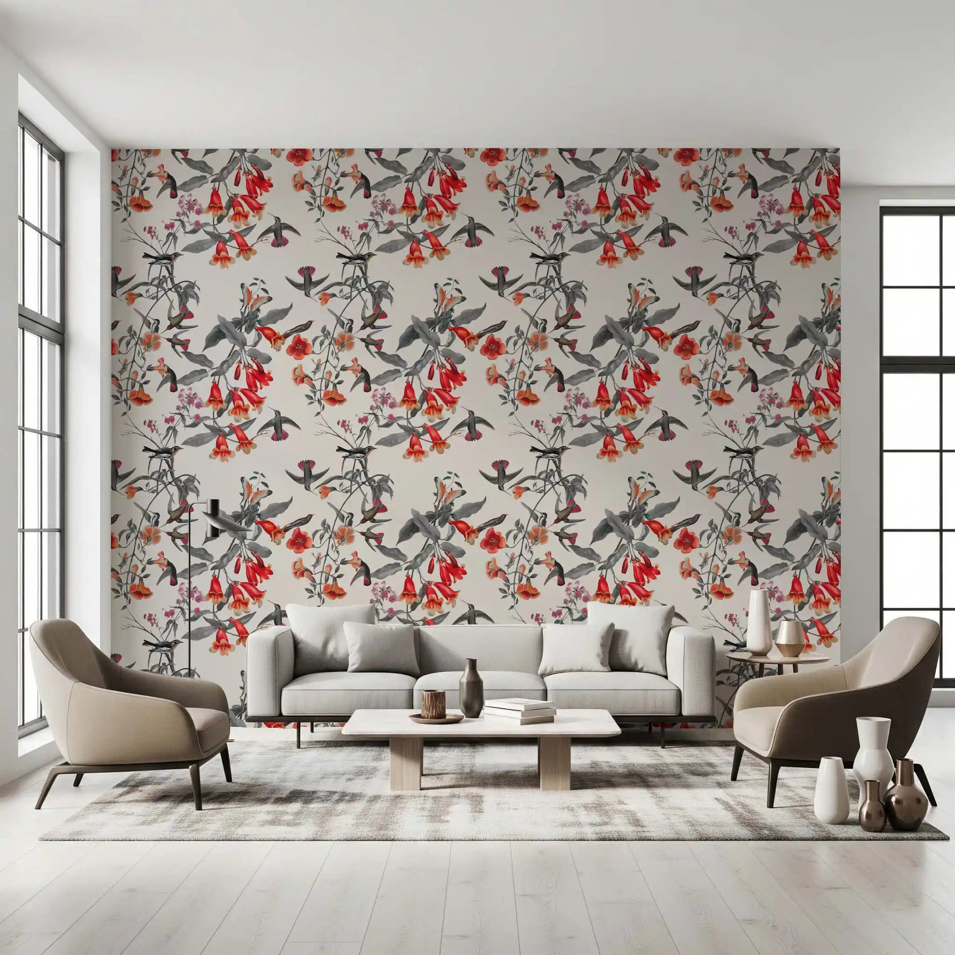Hallway featuring Crimson Flower Aviary Wallpaper on light ground