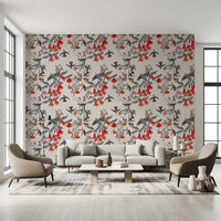 Hallway featuring Crimson Flower Aviary Wallpaper on light ground
