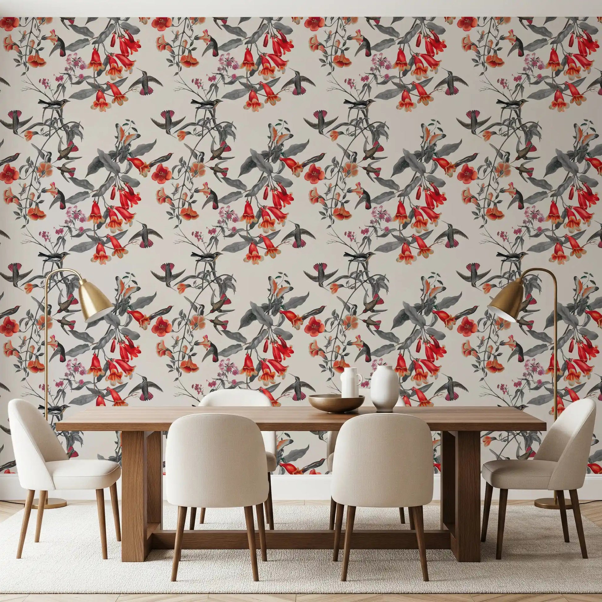 Dining room styled in Crimson Flower Aviary Wallpaper with birds
