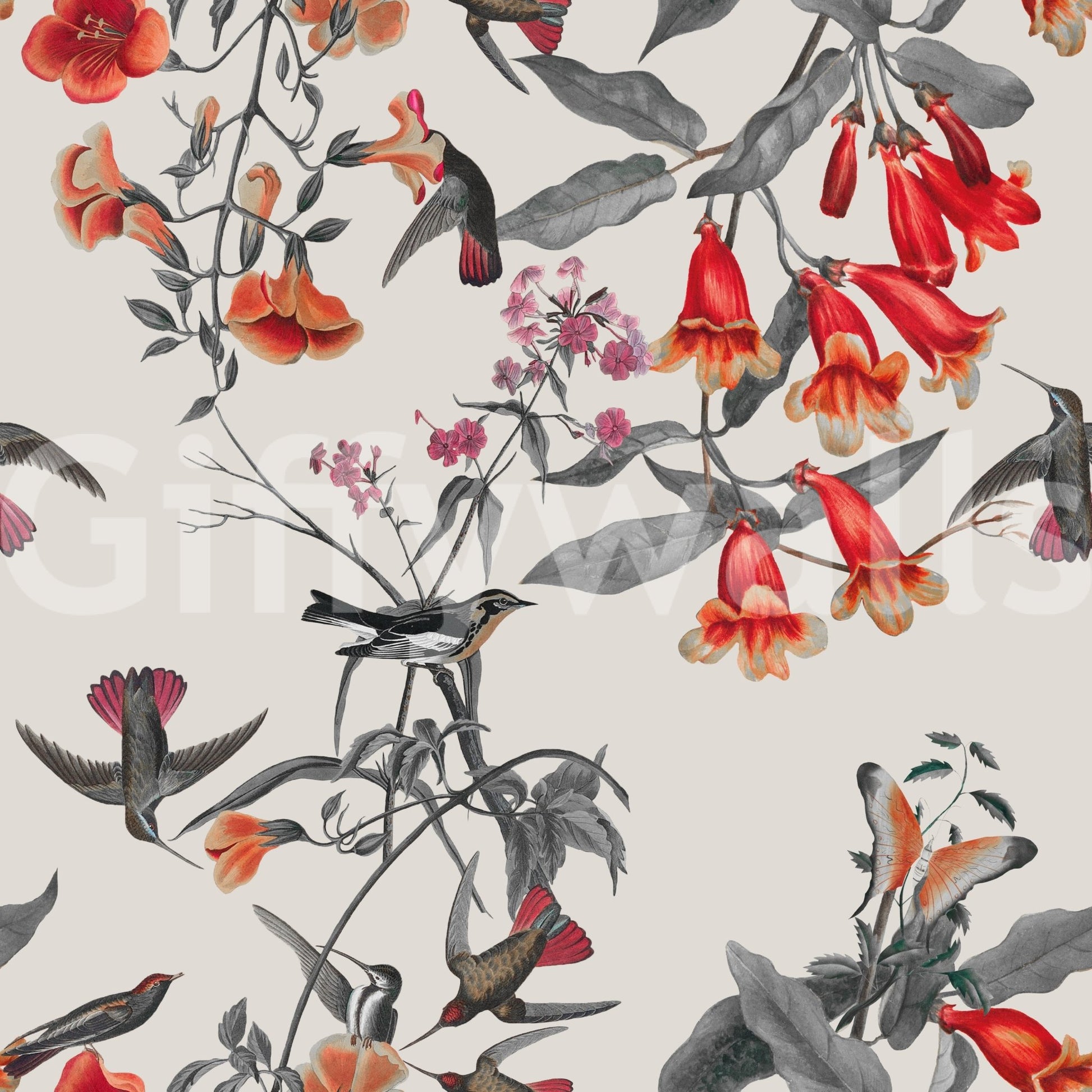 Soft grey birds with Crimson Flower Wallpaper and vivid blooms