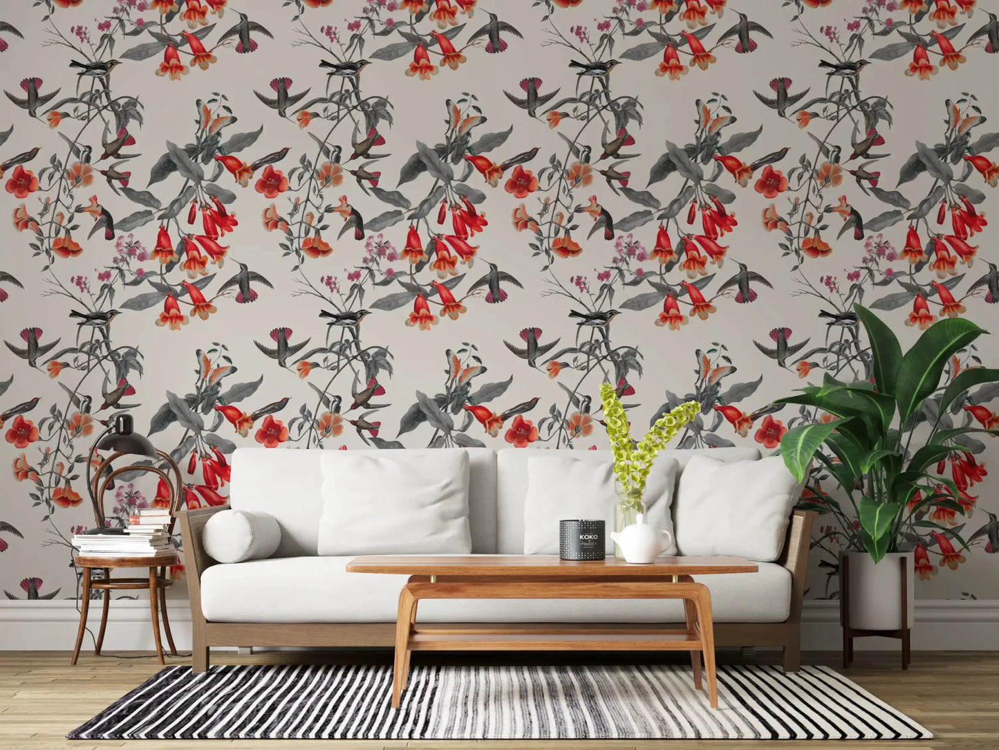 Perched bird motifs on Crimson Flower Aviary Wallpaper surface