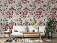 Perched bird motifs on Crimson Flower Aviary Wallpaper surface