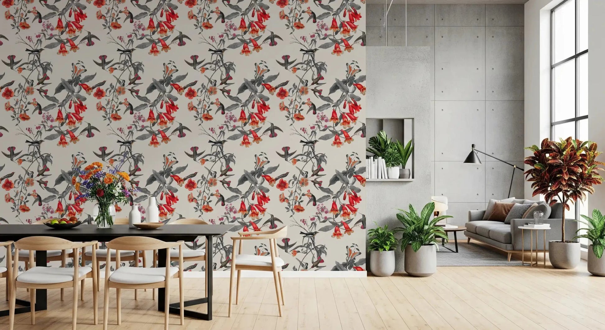 Nature-inspired wall in Crimson Flower Aviary design Wallpaper