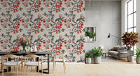 Nature-inspired wall in Crimson Flower Aviary design Wallpaper