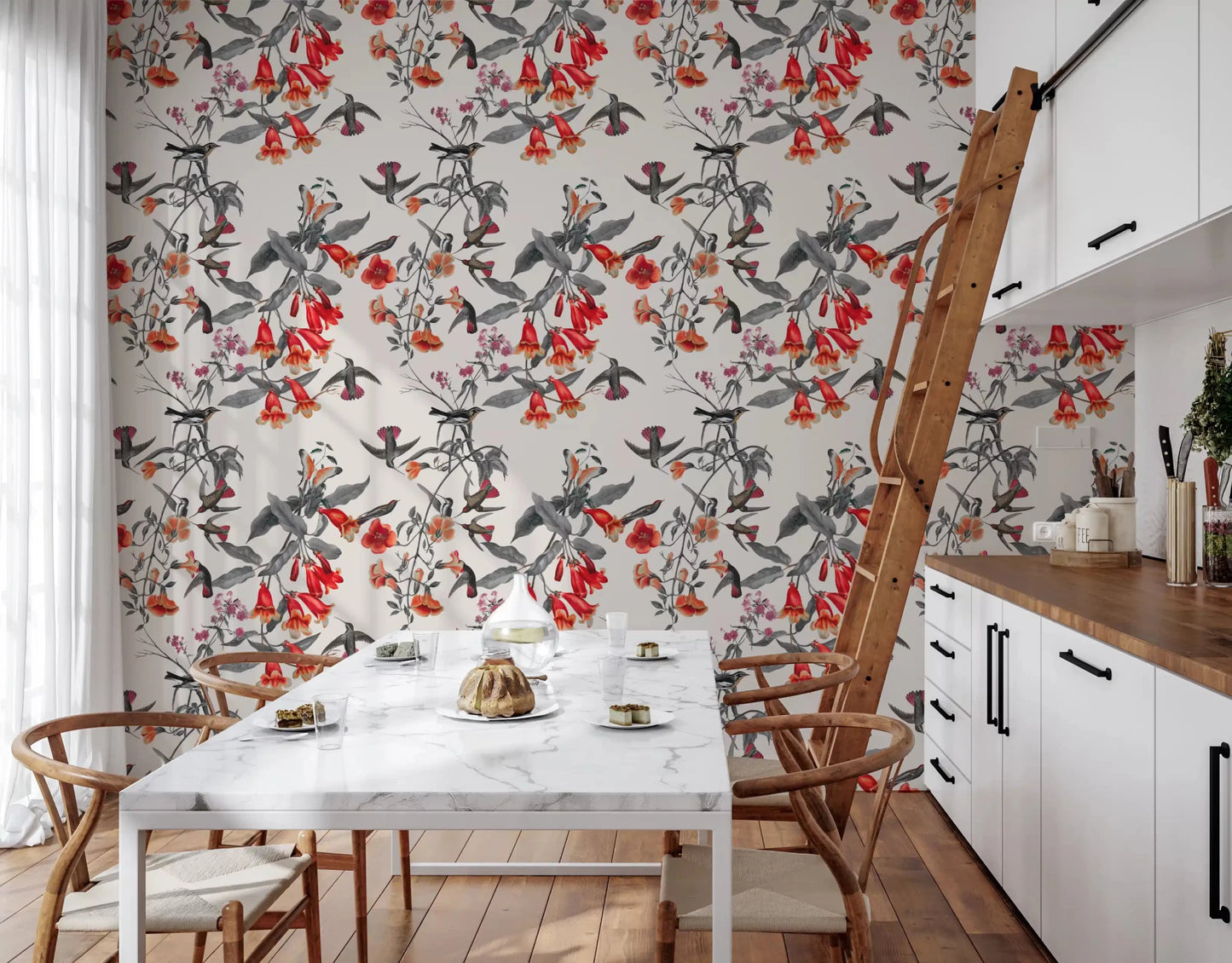 Light botanical wall in Crimson Flower printed Wallpaper style