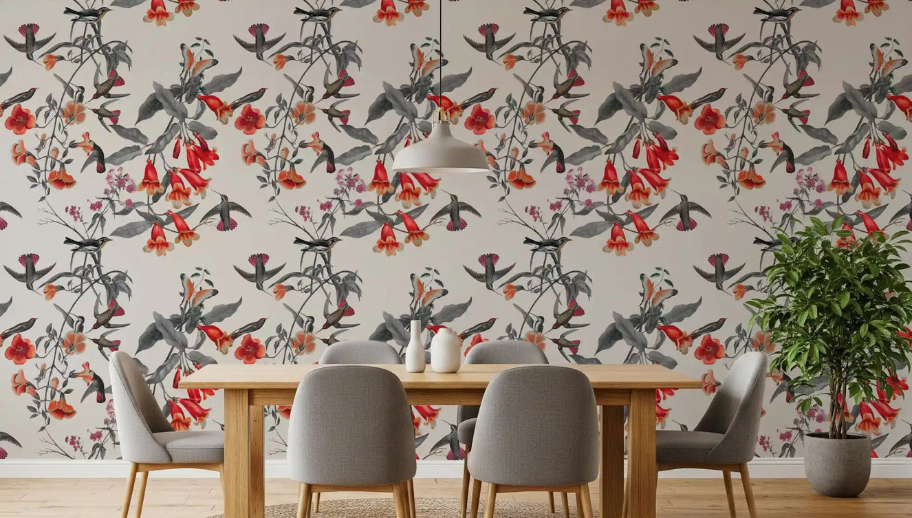Decorative bird pattern in Flower Aviary Wallpaper with soft branches