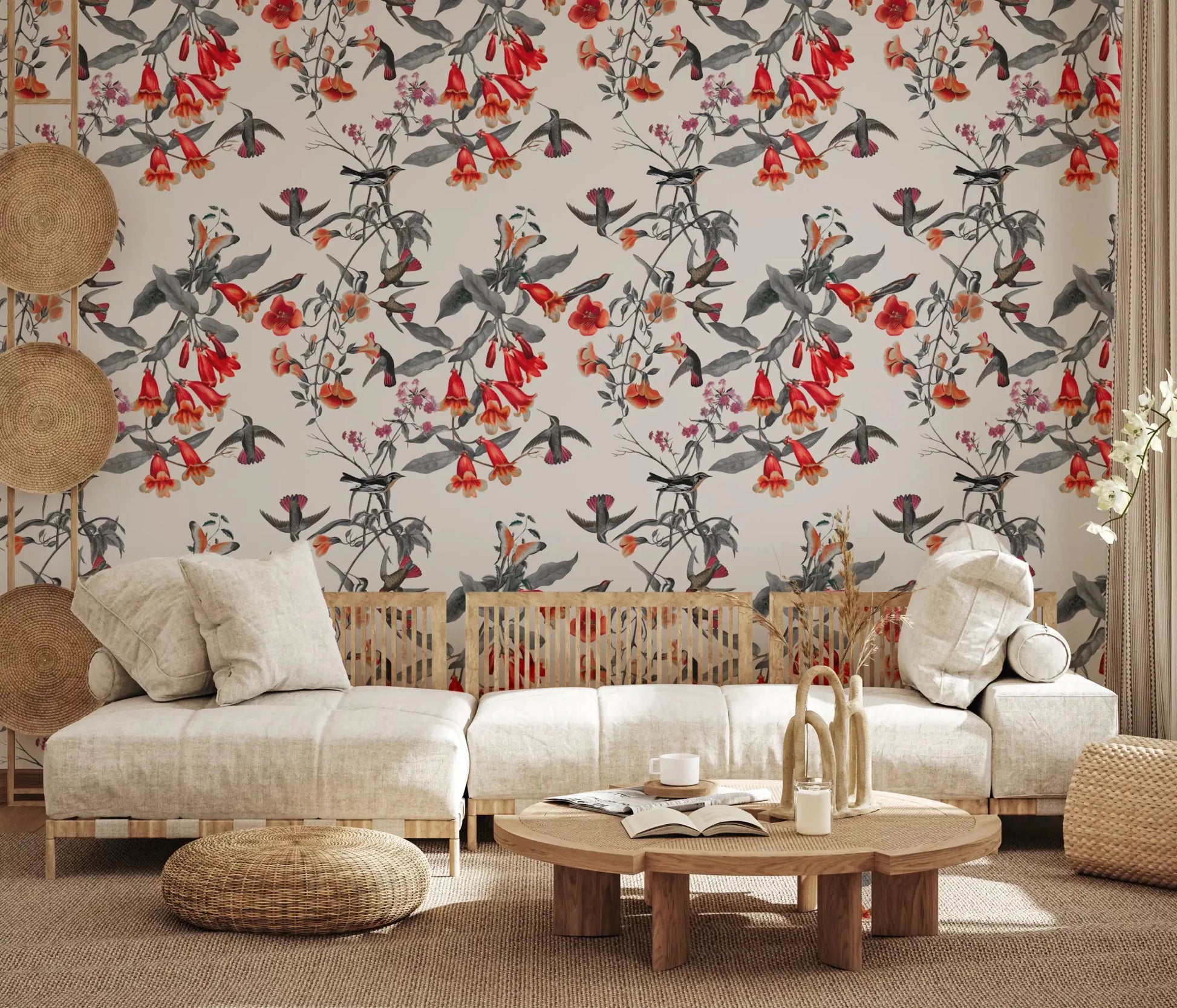 Living room with Crimson Flower Aviary Wallpaper and red floral detail