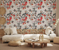 Living room with Crimson Flower Aviary Wallpaper and red floral detail