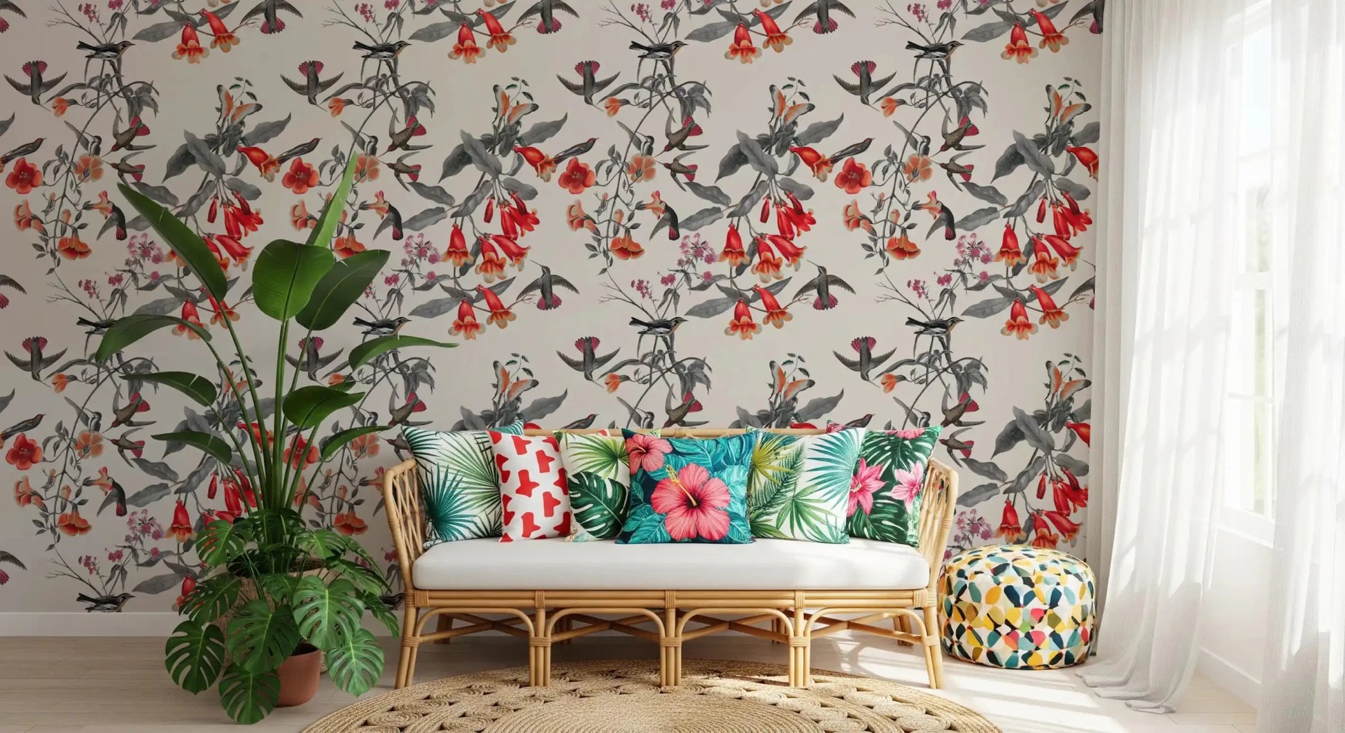 Red blossoms across Crimson Flower Aviary Wallpaper with birds