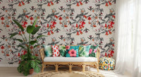 Red blossoms across Crimson Flower Aviary Wallpaper with birds