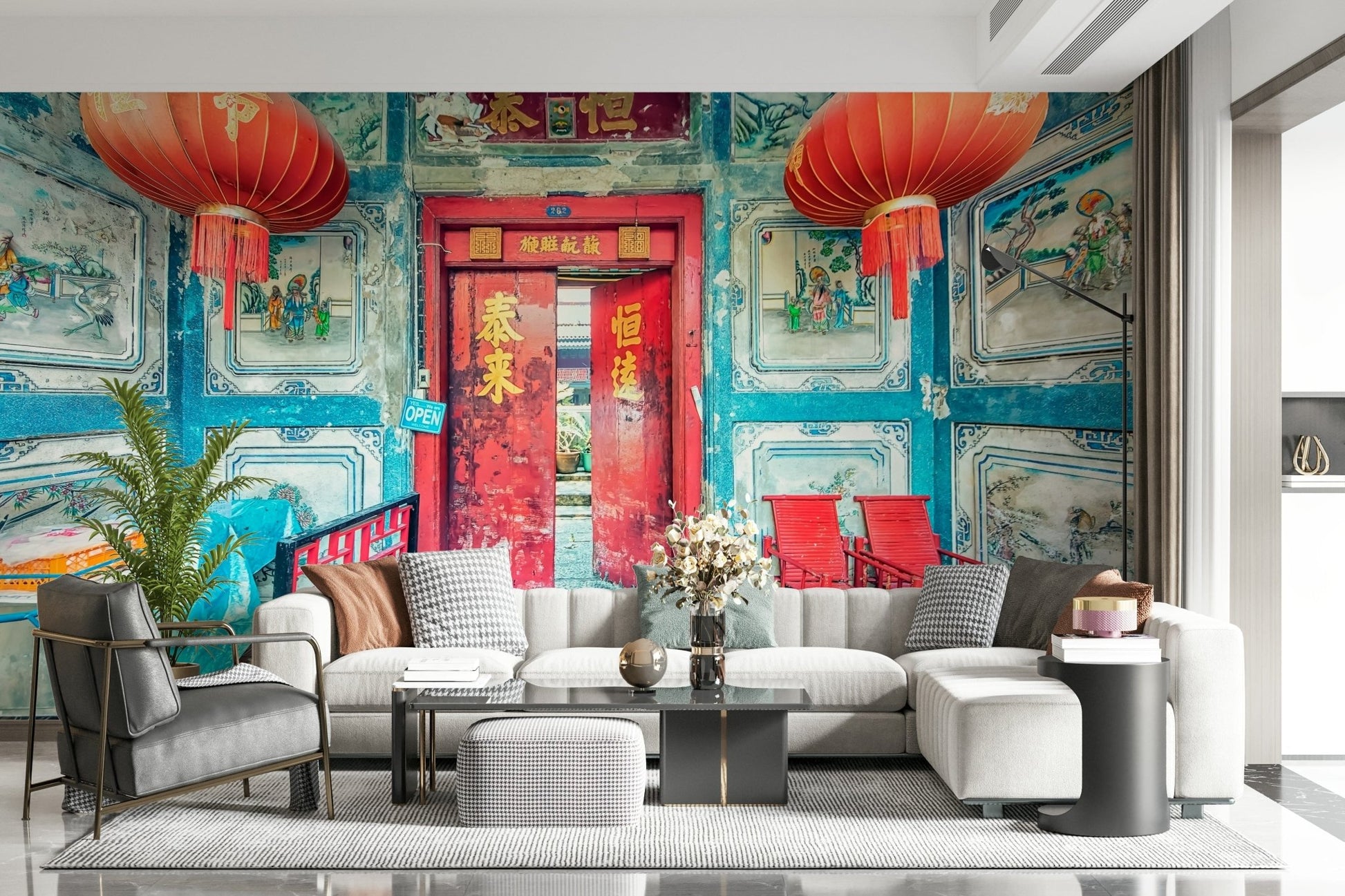Artistic heritage courtyard displayed on Crimson Lanterns wallpaper.