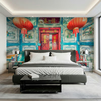 Crimson Lanterns mural featuring classic celebratory lighting fixtures.