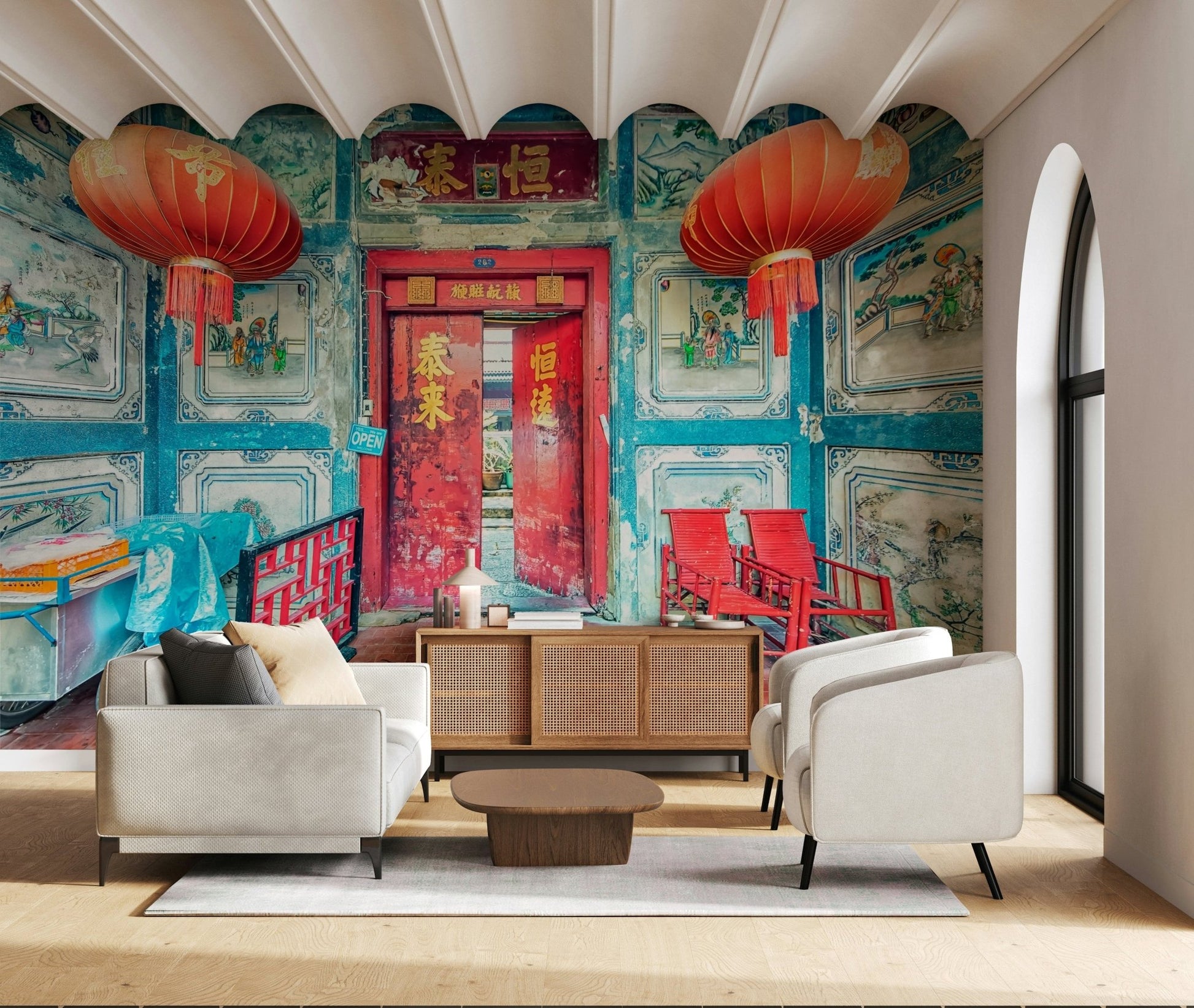 Rustic red entrance scene on Crimson Lanterns wall mural.