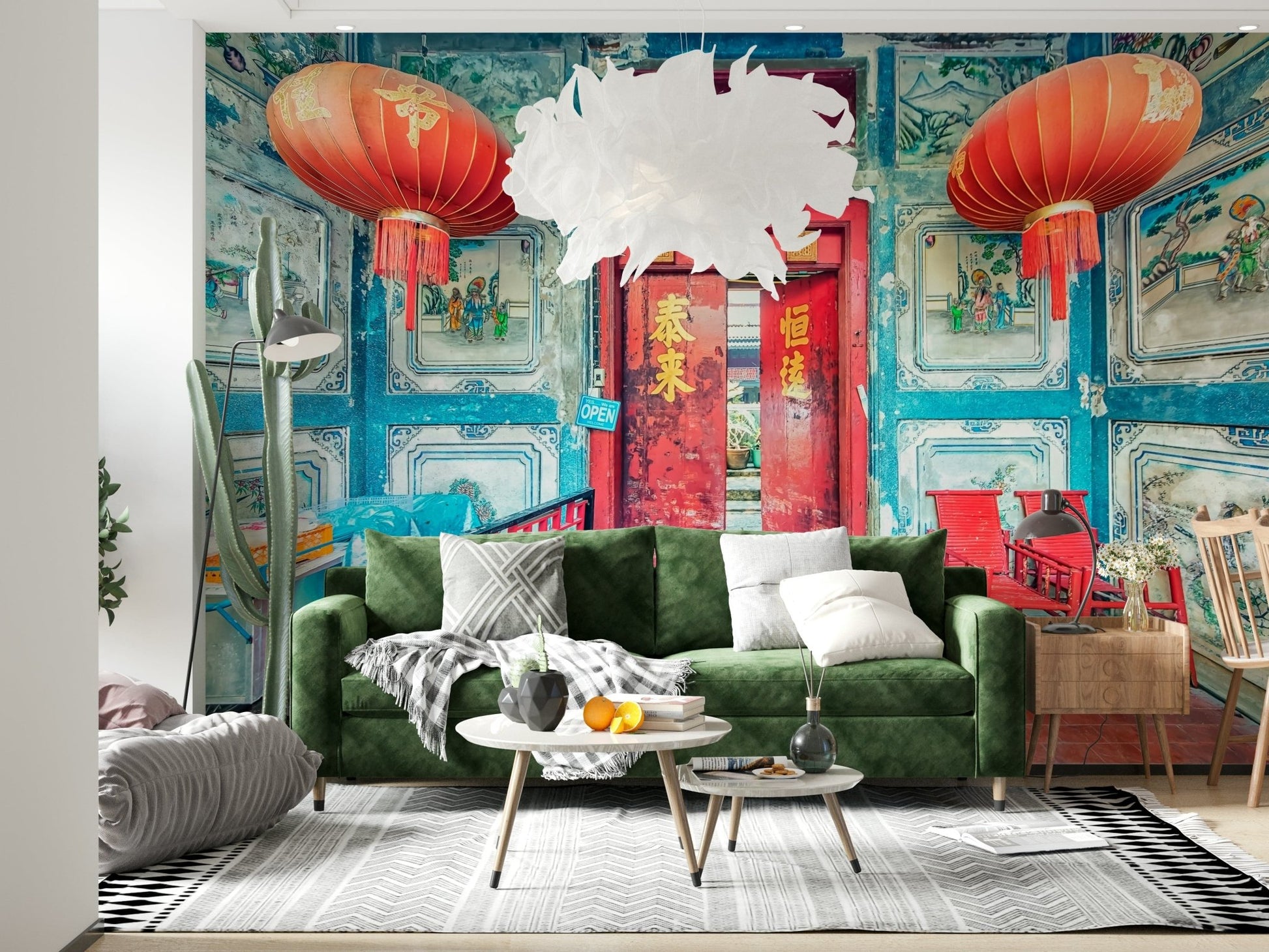 Traditional chinese paper lamps within Crimson Lanterns wall decor.