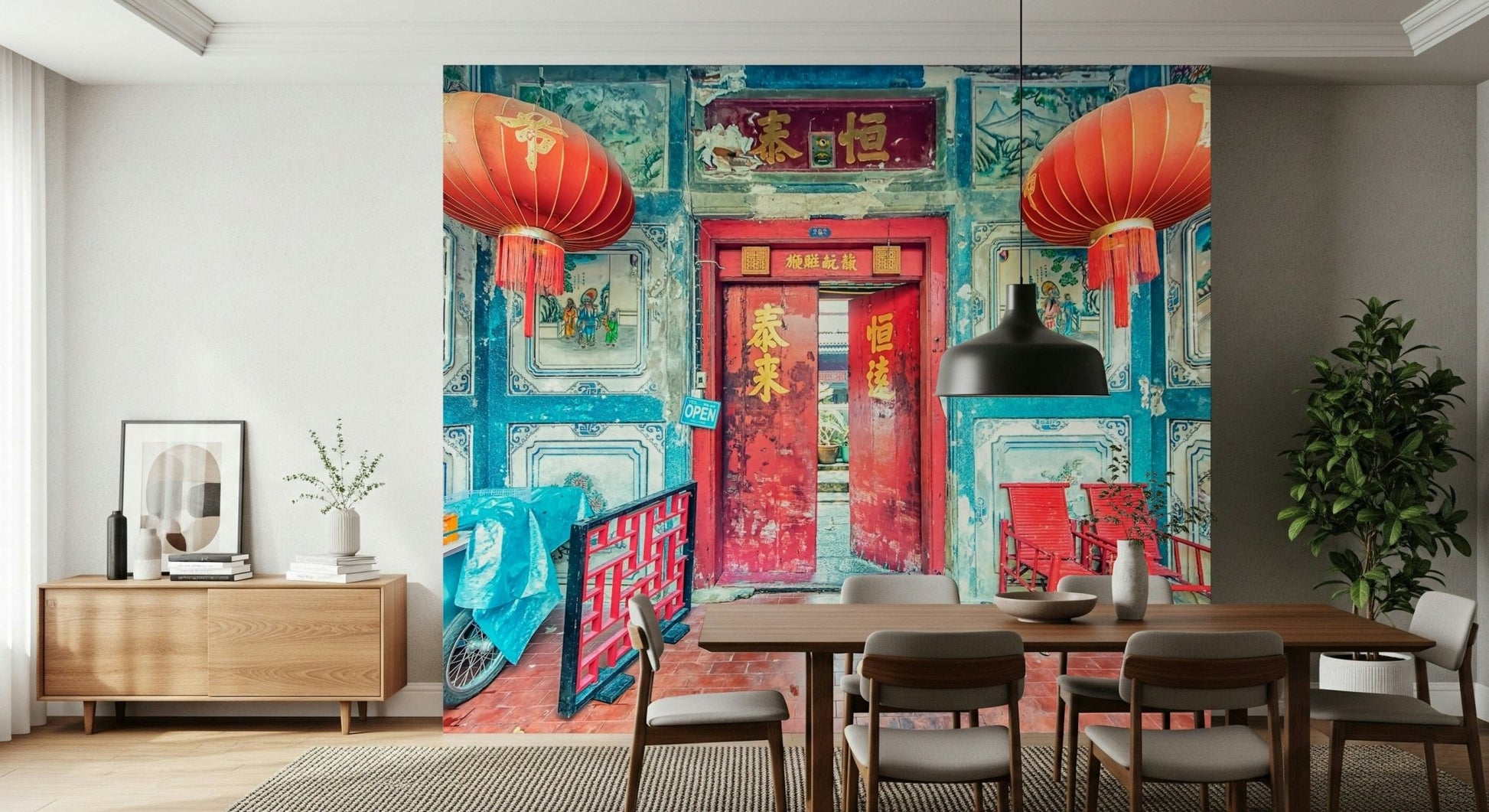 Crimson Lanterns mural showcasing ancient architectural mural artwork.